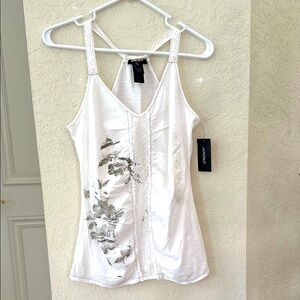 DKNY Embellished White and Gray Fitted Camisole